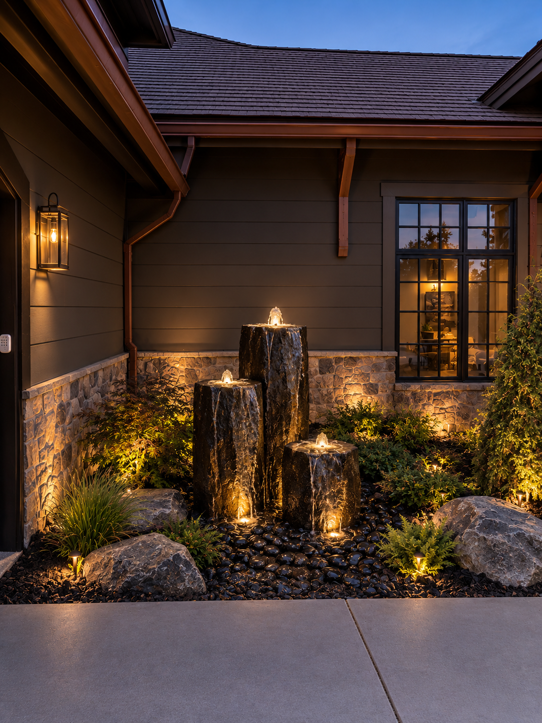 Basalt column water feature with river rock and landscape lighting at dusk